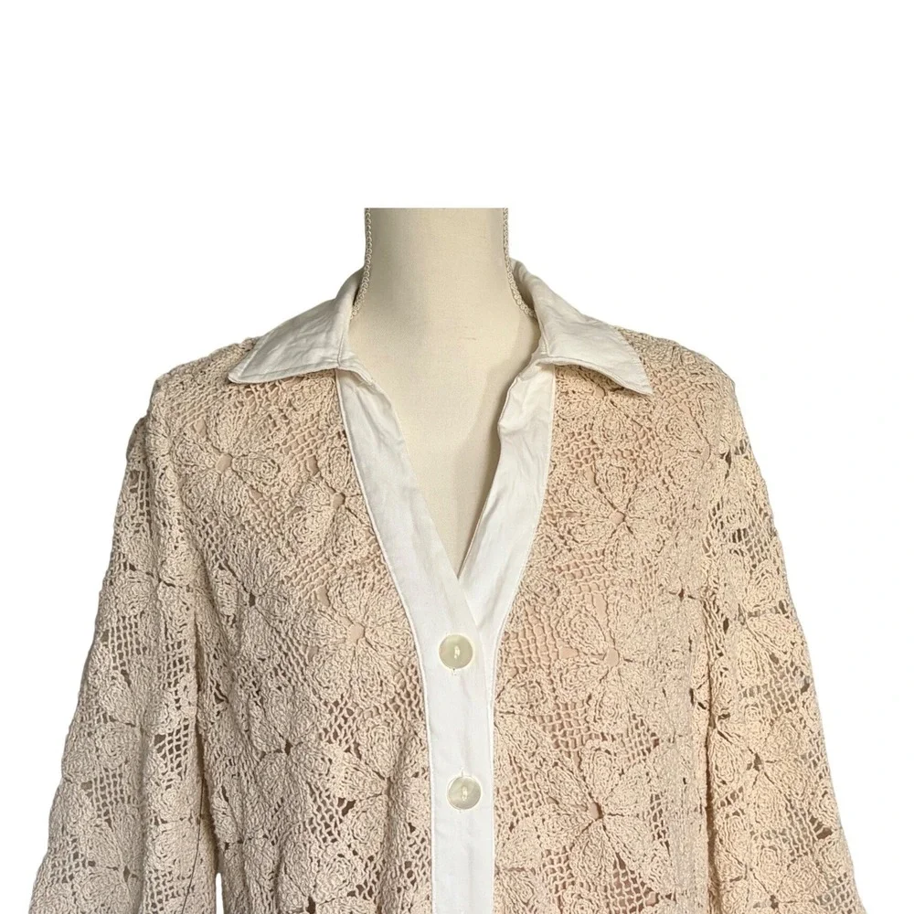 Tuckernuck Crochet Tunic Dress Cotton Floral Lace Contrast Trim Beige Small NWT - Picture 3 of 7